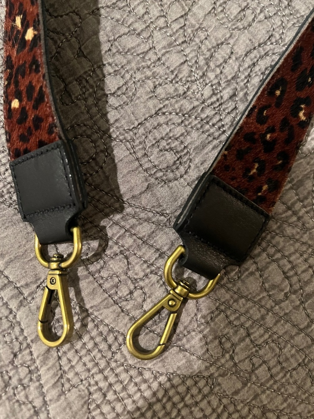 Calf Hair Bag Strap With Leopard Print and Gold Clasps 26” Long